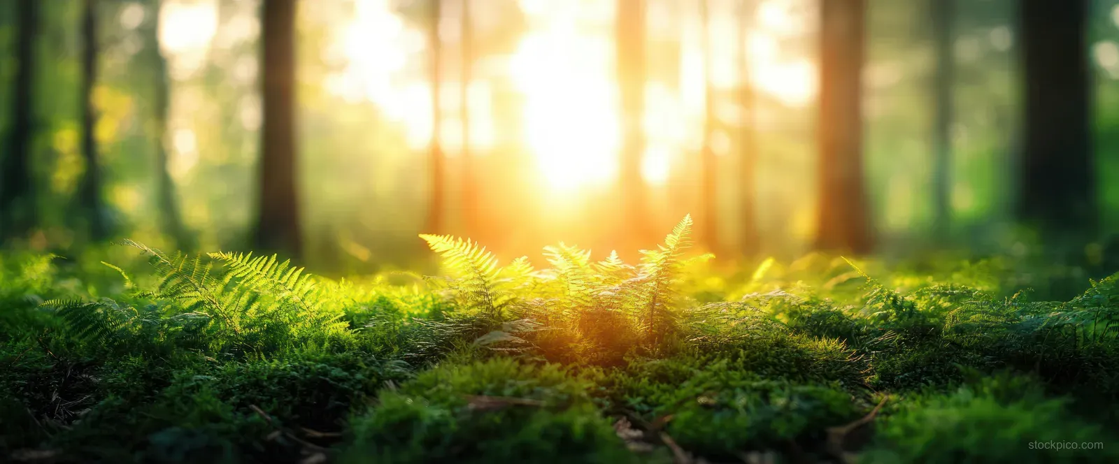 Golden sunrise light shines through a dense forest, highlighting green ferns and moss on the ground.