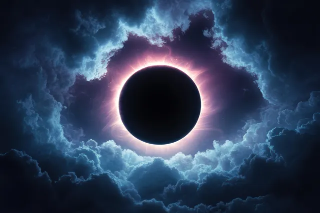 A total solar eclipse shows a dark moon disk encircled by a glowing corona beneath swirling blue and purple clouds.