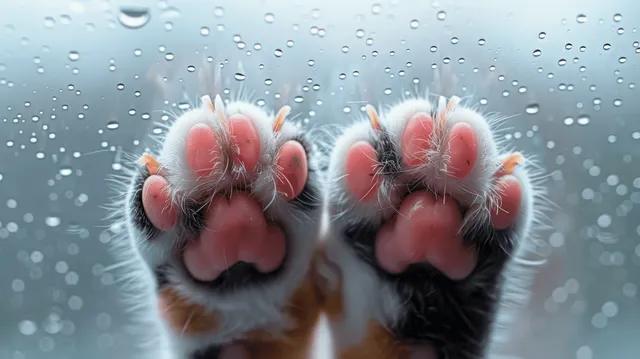 Fluffy cat paws with pink pads pressed against a window covered with raindrops.