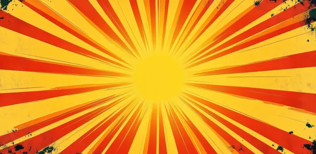 Distressed yellow and orange radial sunburst with black ink splatters, centered flare