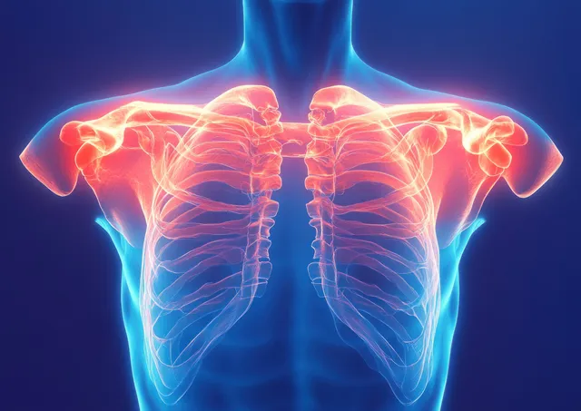 3D illustration of an upper torso with glowing rib cage and shoulder bones.