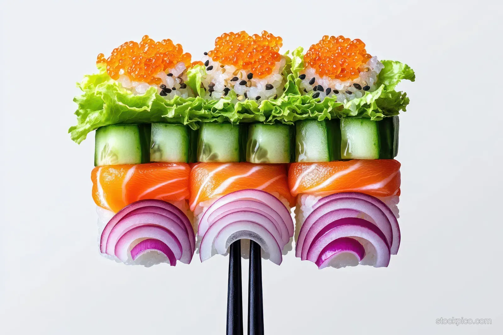 Three sushi pieces with salmon, cucumber, red onion, and orange roe held by black chopsticks.