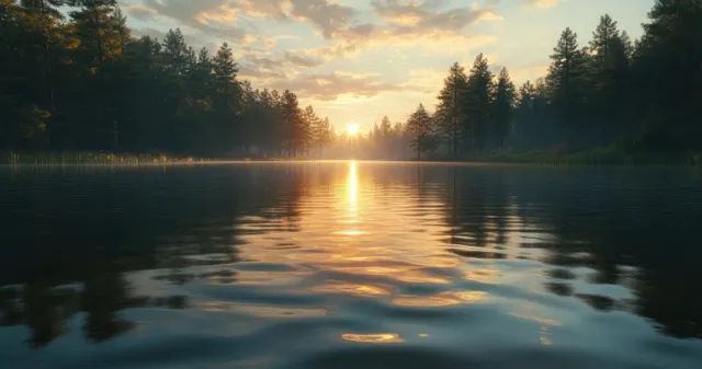 Sunrise over calm pine forest lake with warm sunlight reflecting on rippling water surface