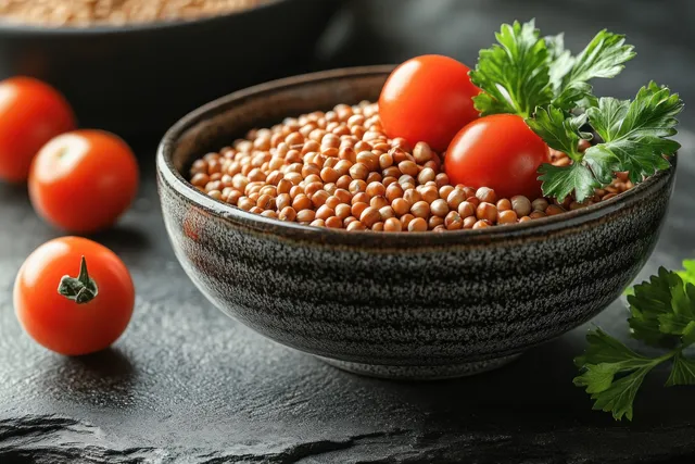 Buckwheat grain bowl with cherry tomatoes and parsley on gray stone, rustic closeup