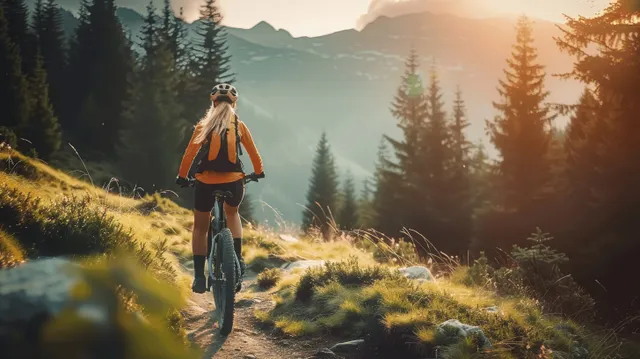 A woman mountain bikes along a winding alpine forest trail at sunrise, surrounded by tall trees and rolling mountains.