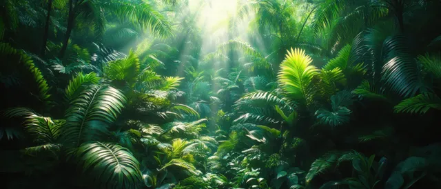 Tropical jungle canopy of palms and ferns with misty light beams