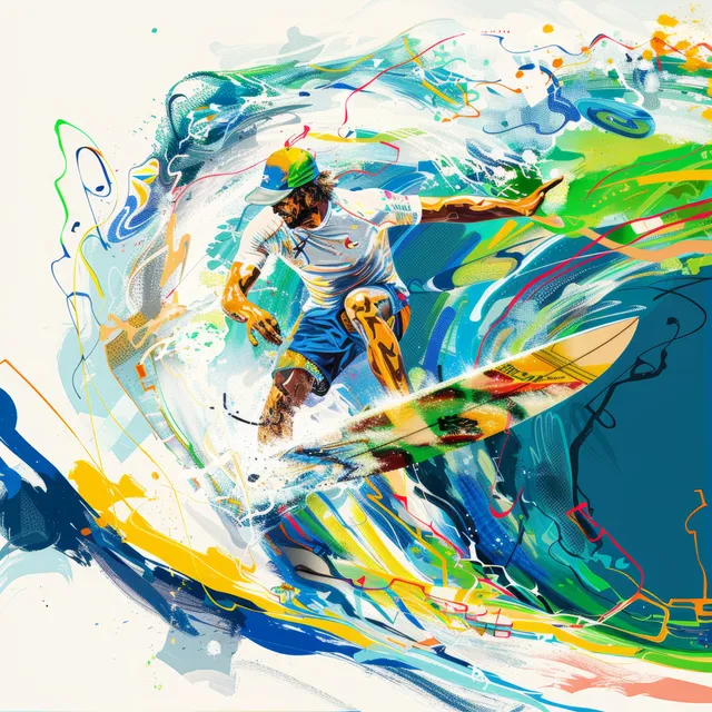 Illustrated Brazilian surfer leaping off a wave while colorful splashes and abstract swirls frame the surfboard.