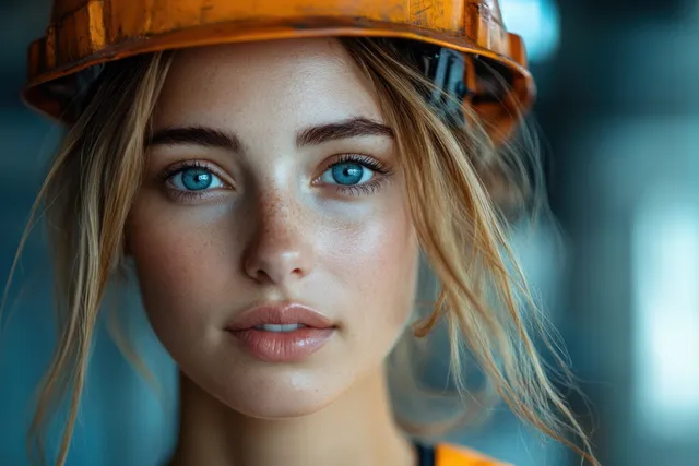 Female industrial engineer in safety helmet inspecting workers inside factory with bright safety lighting
