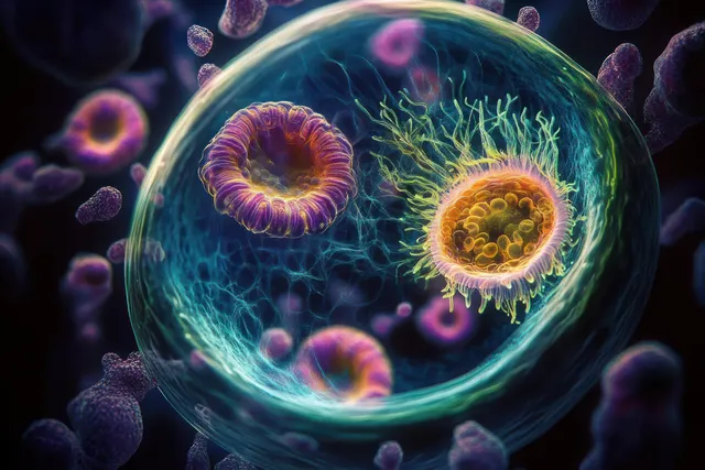 Bioluminescent bacteria and virus-like forms glow inside a circular lab petri dish under blue and purple lighting.