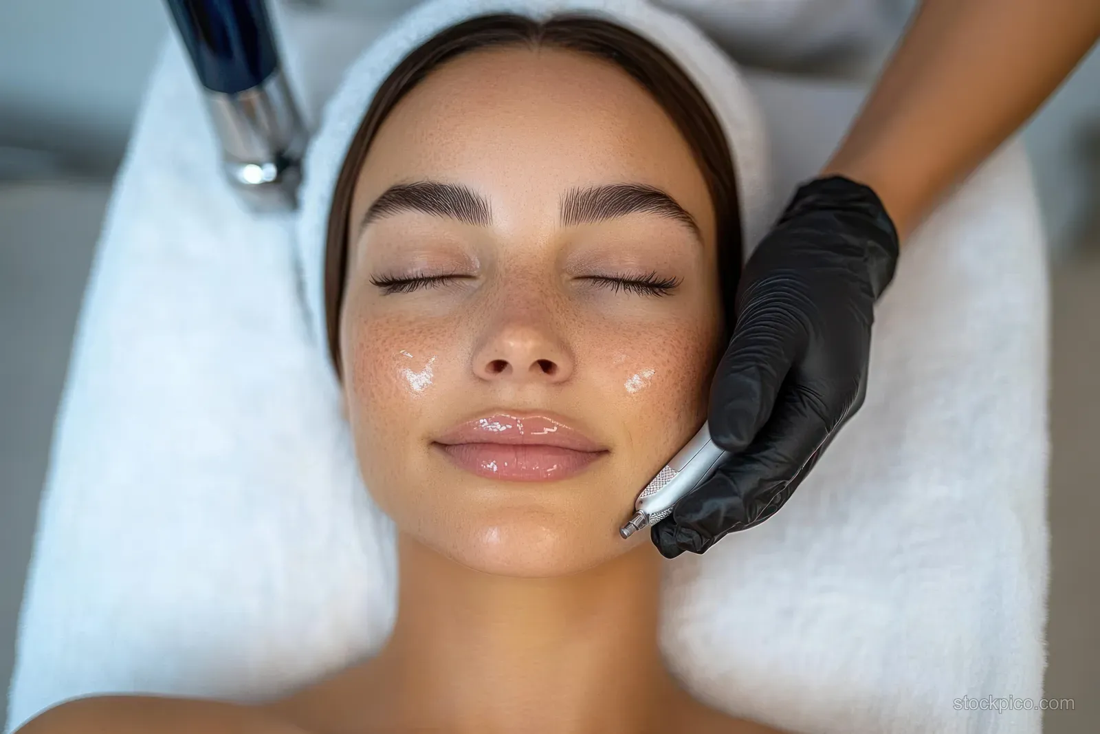 A woman with closed eyes receives a handheld facial treatment from a gloved esthetician on a spa bed.