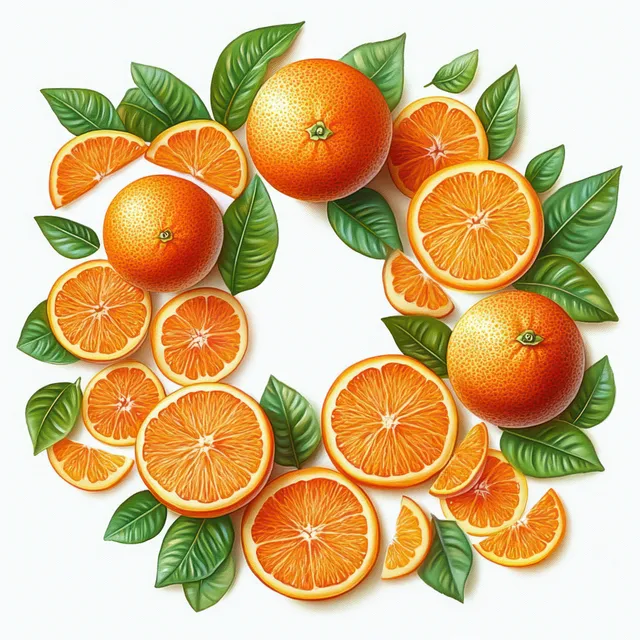 Whole oranges and orange slices arranged in a circular wreath with green leaves on a white background.