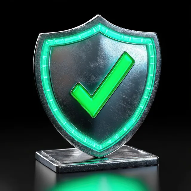 Metallic security shield with glowing green check mark icon on dark reflective background with Trust And Verification