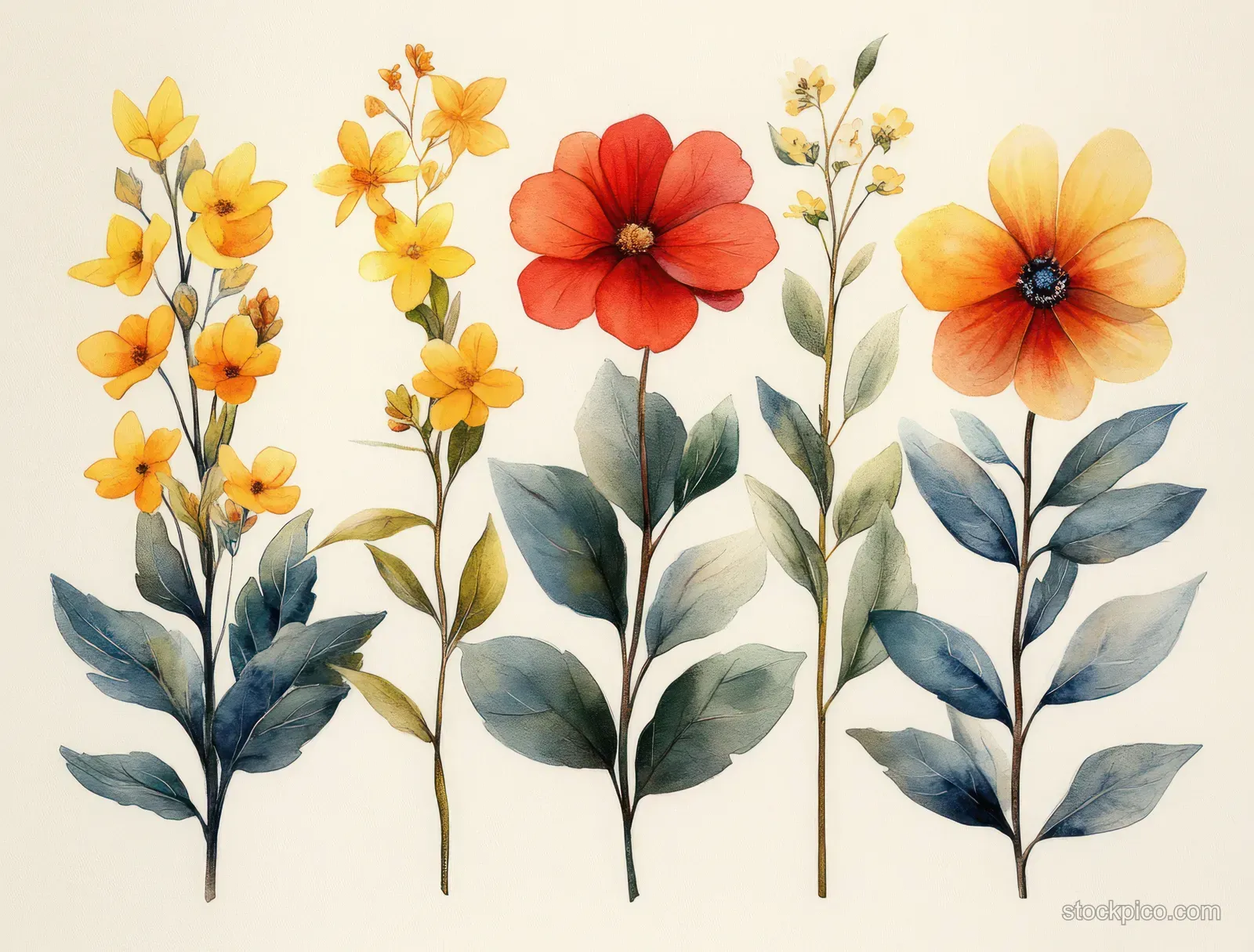 Watercolor illustration of orange and yellow wildflower stems with green leaves on a light beige background.