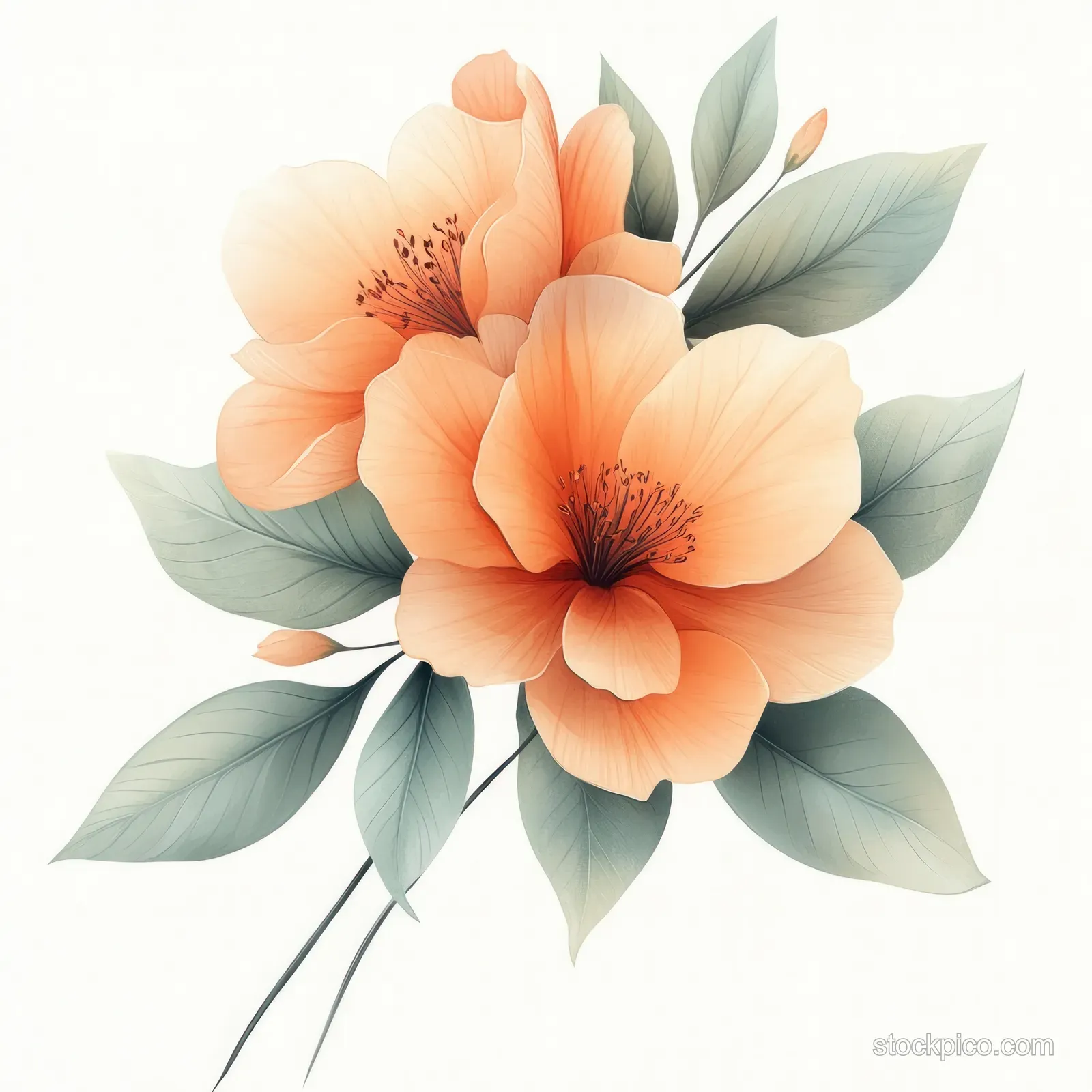 Peach watercolor flowers with green leaves arranged like a bouquet on a soft white background.