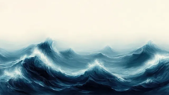 Churning ocean waves with white foam and sea spray crest under a pale misty sky.