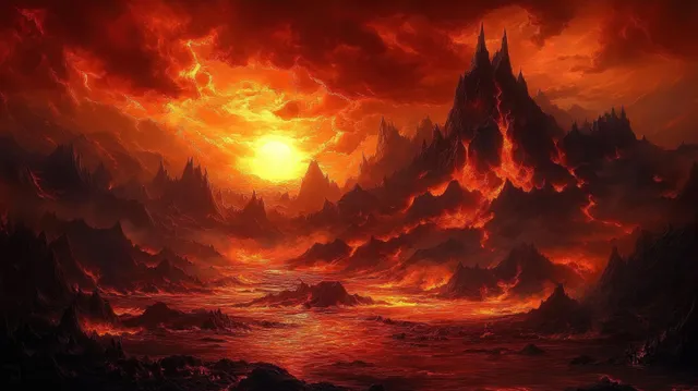 A dark fantasy mountain valley glows with molten lava as a fiery sunset fills the sky with smoke and clouds.