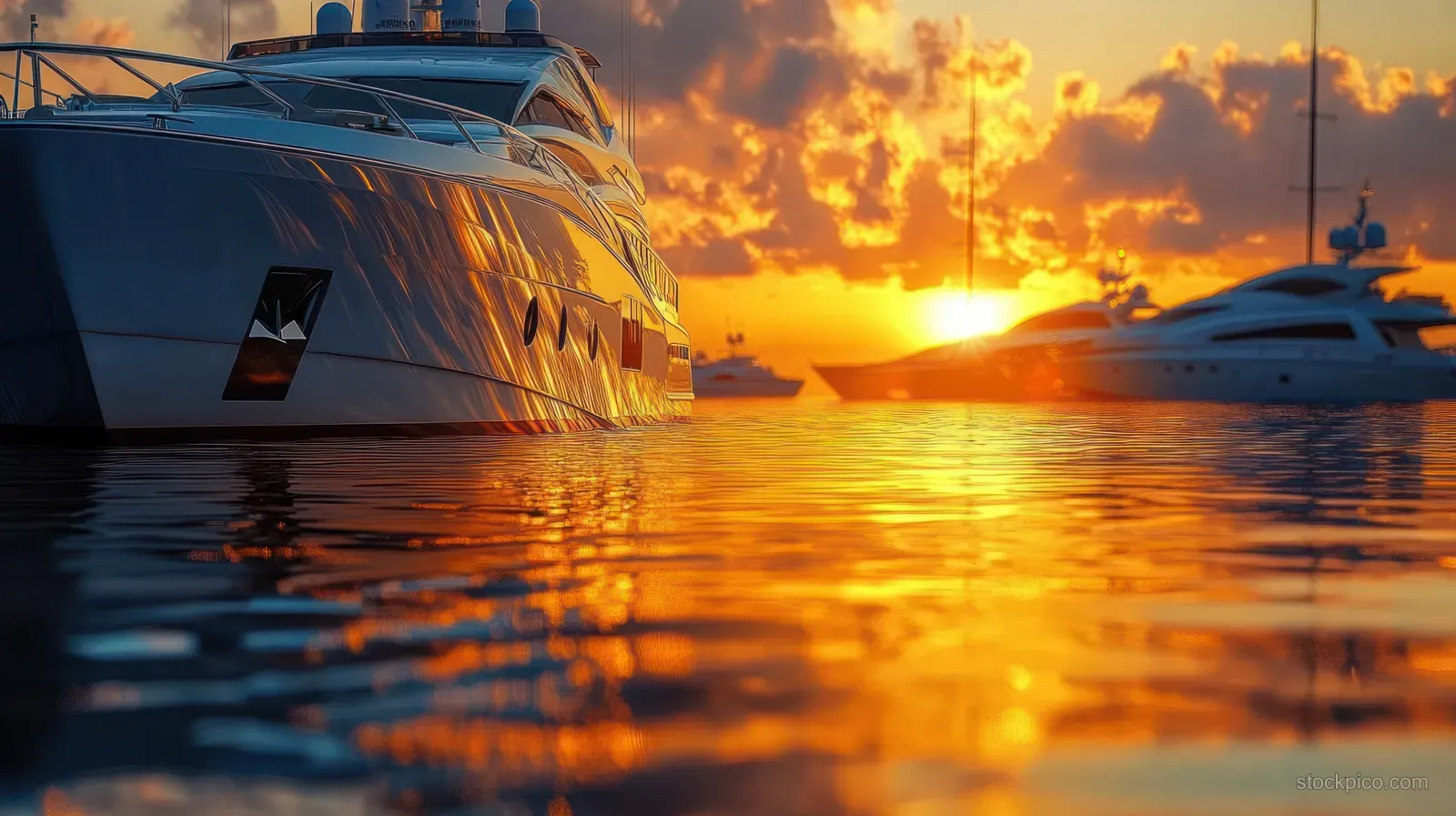 Luxury yachts anchored offshore as the sunset glows and mirrors golden reflections across calm water.