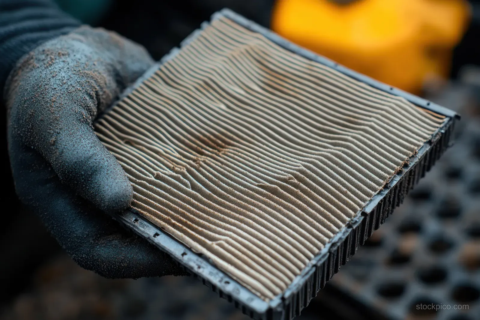 Gloved hand holds a dusty pleated air filter with visible debris and grime on the surface.