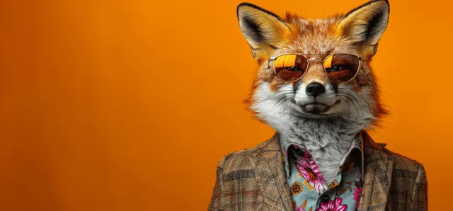Funny fox wearing sunglasses and patterned shirt with elegant brown suit on orange backdrop
