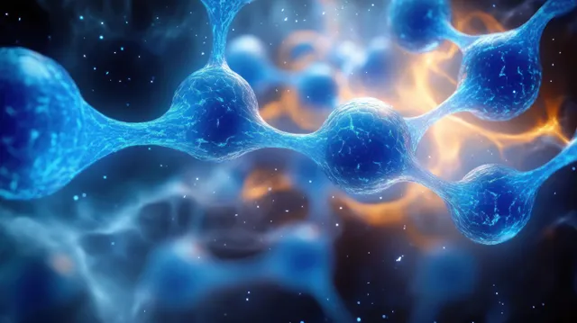 A glowing blue molecular network with connected spheres floats in a dark space with soft light and tiny particles.