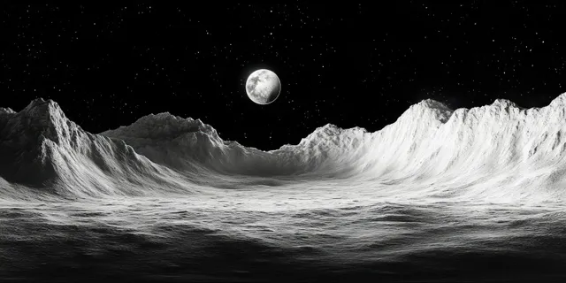 A bright moon hangs over stark white alien mountains and a starry black sky.