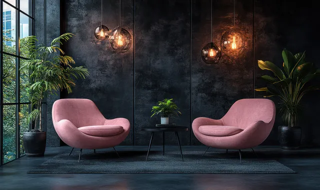 Two pink armchairs sit in a minimalist lounge facing a black table beneath warm wall lights on dark walls.