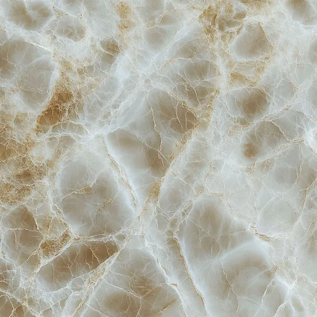 Beige and white marble close-up with natural veining and faint translucent crack-like patterns.