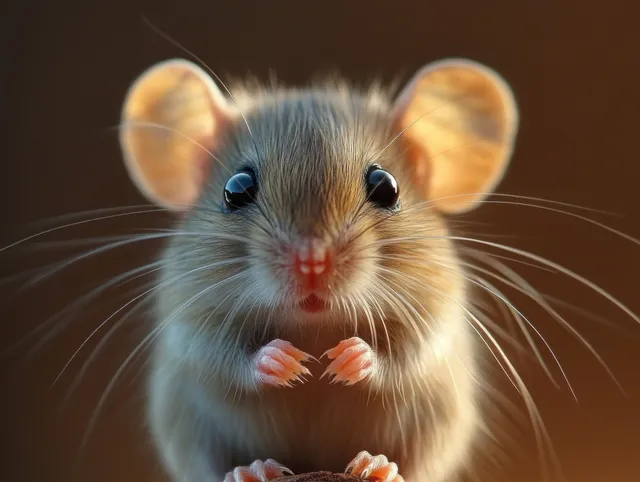 Close-up hamster with large ears holding tiny pink paws to its chest in warm blur