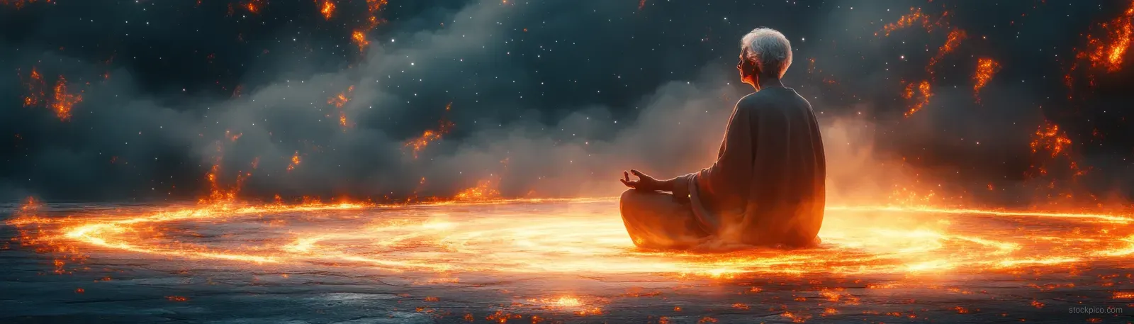 An elderly person meditates in lotus pose in a cosmic landscape, with glowing energy particles swirling around.