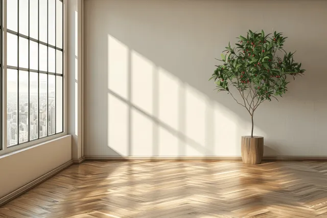 Minimalist room with a large window showcasing a city view, warm sunlight, and a potted tree on a wooden herringbone floor.