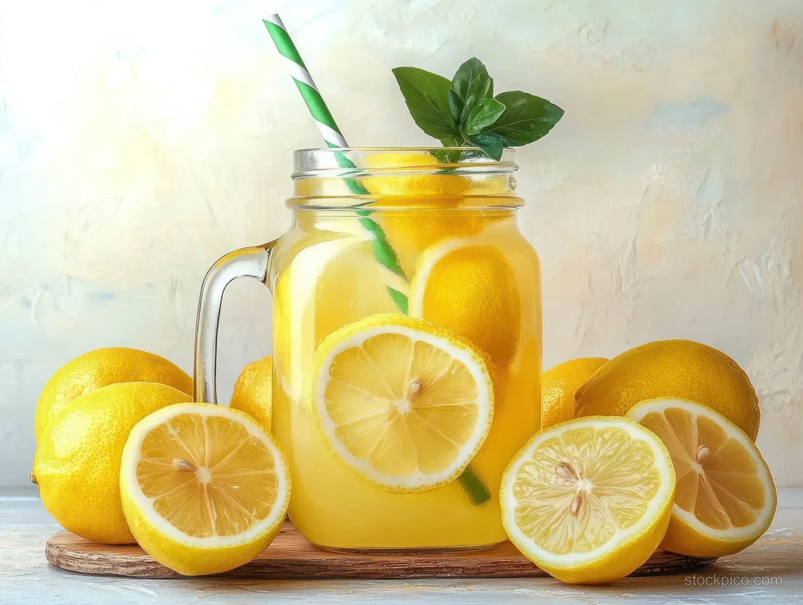 Vintage mason jar of homemade lemonade with sliced lemons and a green striped straw on a tabletop.