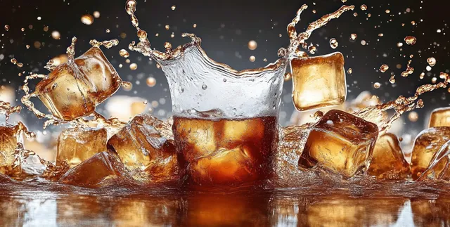 Dark cola splash erupts around several ice cubes with water droplets frozen midair against a dark background.
