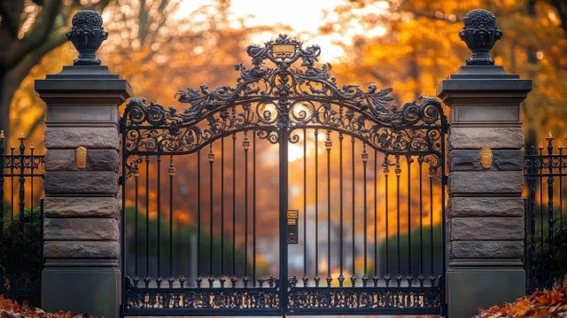 Ornate black wrought iron gate with floral scrollwork between stone pillars in golden autumn sunlight.