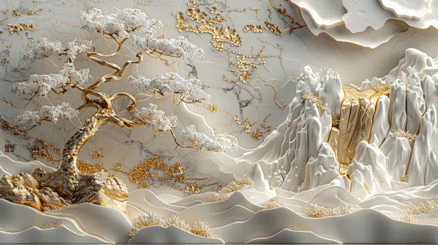 3D white and gold marble Japanese landscape with sakura tree over glowing waterfall