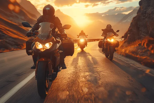 Motorcyclists ride in a line along a winding mountain road at sunset with glowing headlights.
