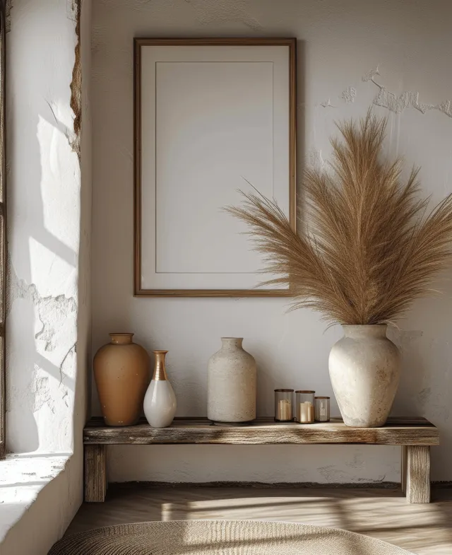 Blank framed poster above a rustic console with pampas grass, clay vases, and neutral boho decor.