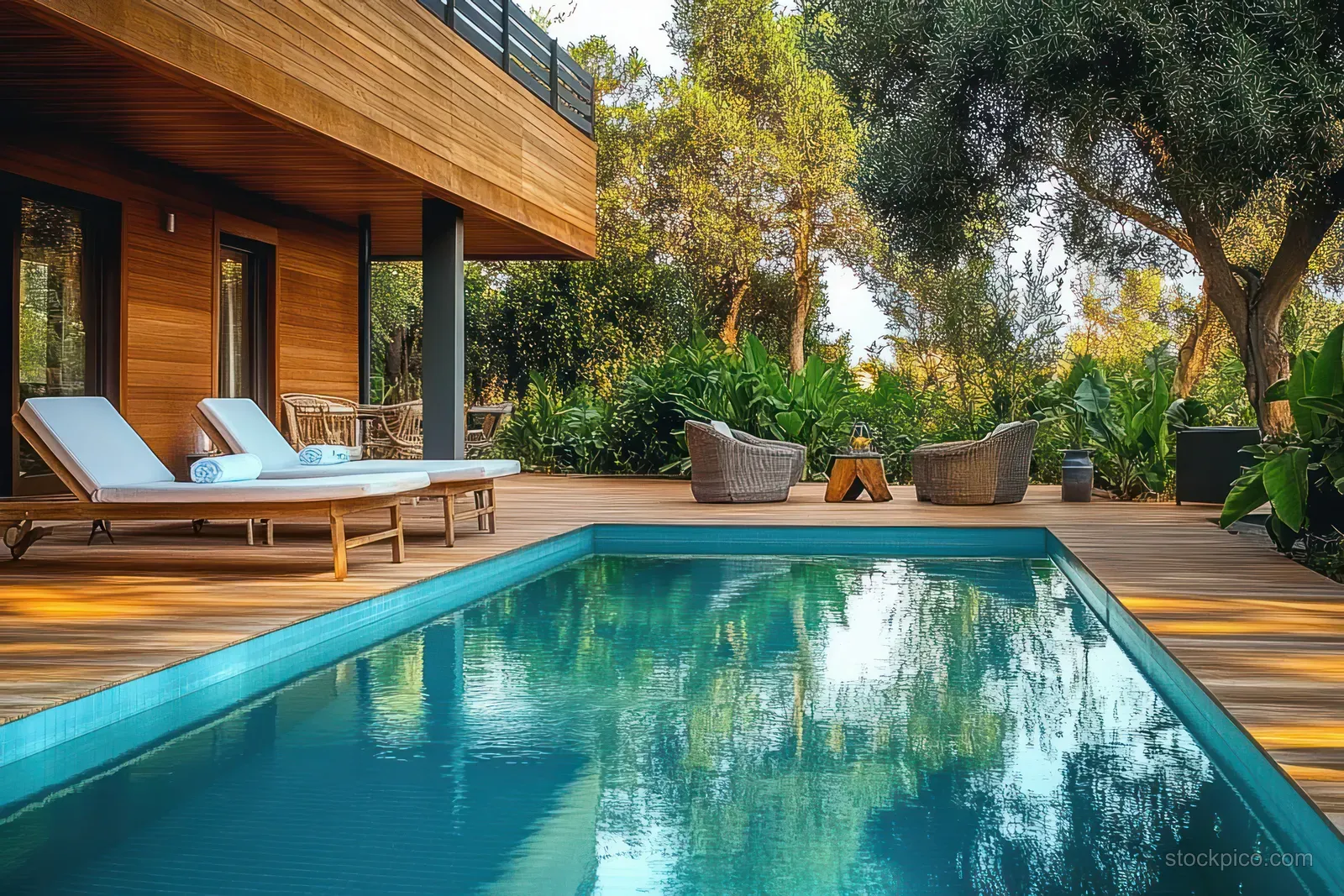 A serene swimming pool on a wooden deck beside sun loungers, potted plants, and lush trees.