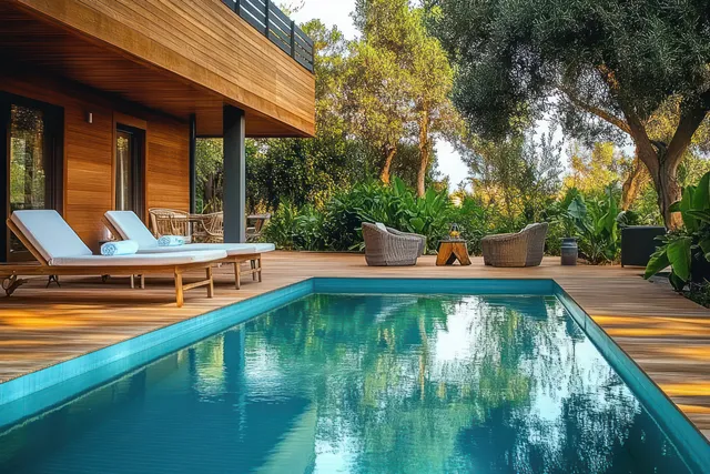 A serene swimming pool on a wooden deck beside sun loungers, potted plants, and lush trees.