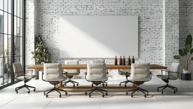 Minimalist office conference room with a wooden table, wine glasses, and chairs facing a white brick wall with an empty poster.