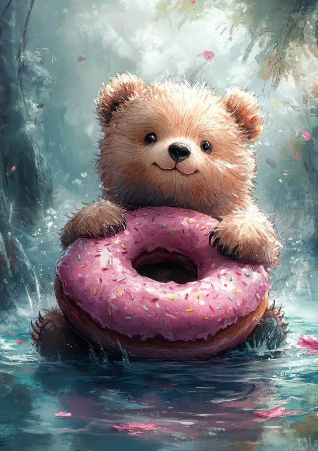 Watercolor teddy bear floating in a pink donut ring, surrounded by sparkles