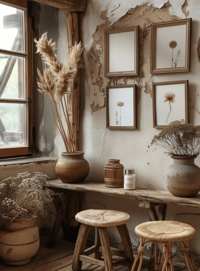 Rustic boho corner with a shelf, blank wall art frames, potted plants, and neutral decor beside a window.