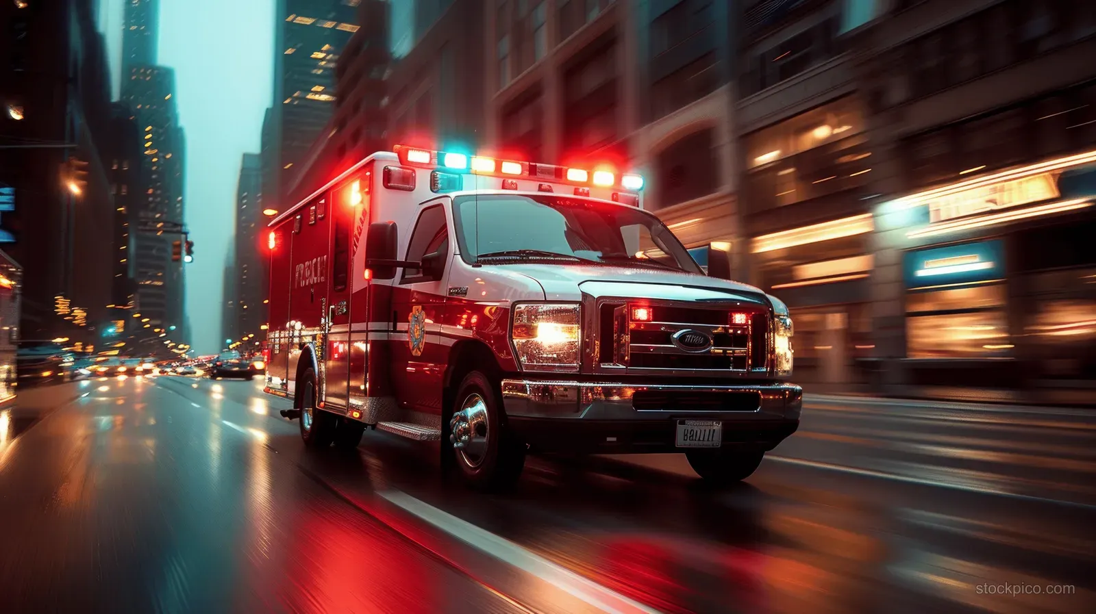 An ambulance with flashing red lights speeds down a city street with motion blur.
