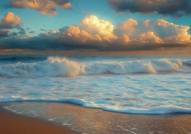 Ocean waves roll onto a sandy beach under golden orange sunset clouds