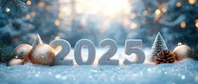 2025 winter scene with snowflakes, frosted decorations, and glowing bokeh lights