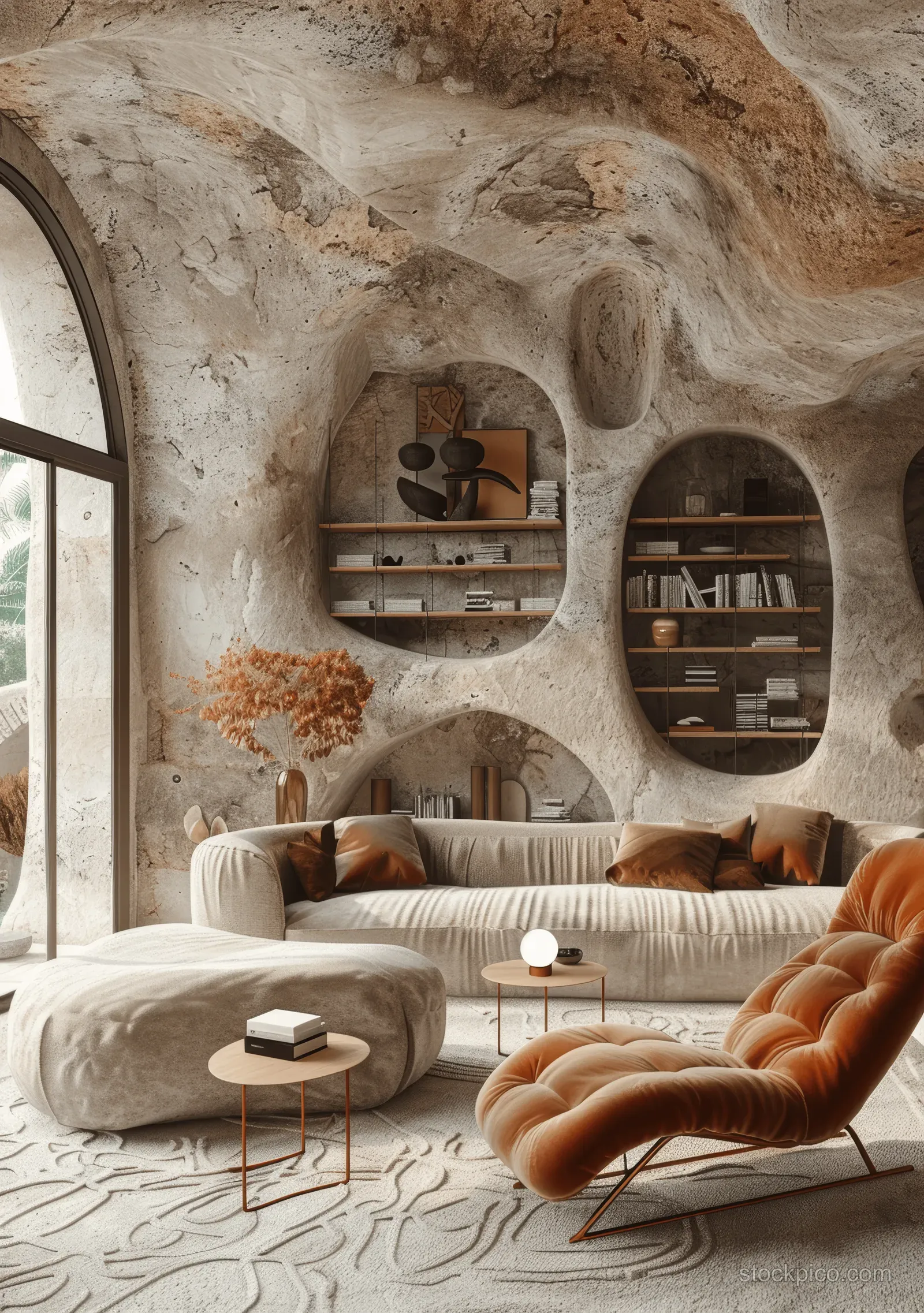 Beige boucle sofa and pouf in a neutral Japandi living room with arched stucco walls and wall niches.