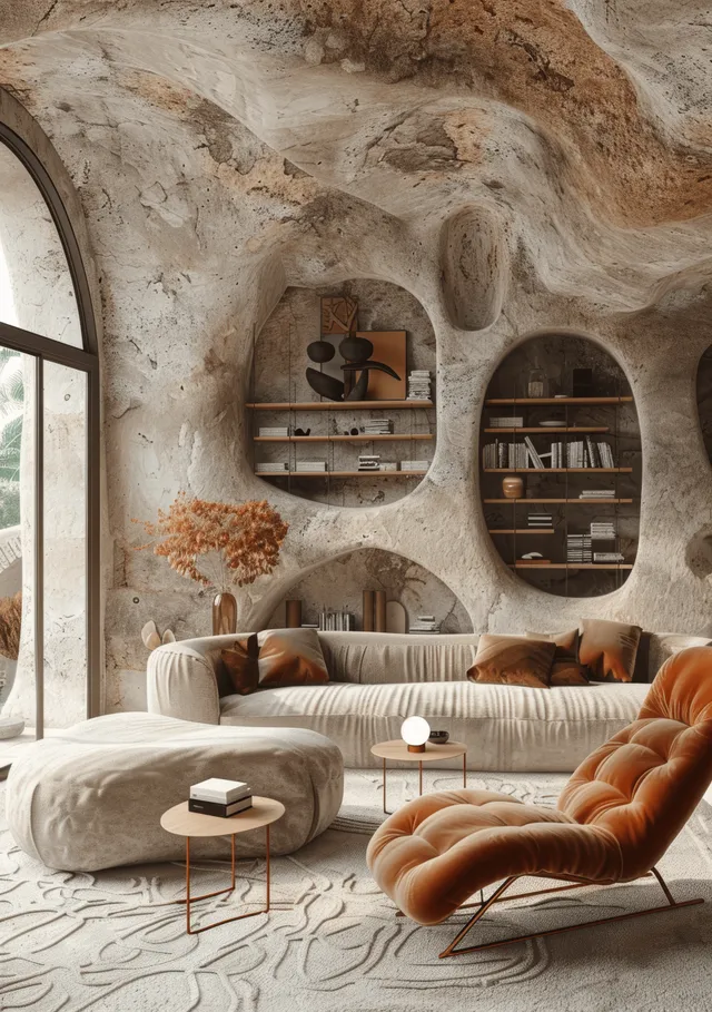 Neutral Japandi living room with boucle sofa, arched stucco walls, and warm bedside lighting
