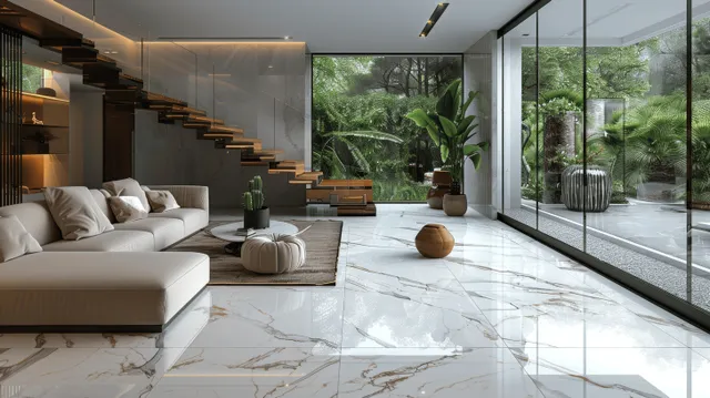 Beige sofa sits on a veined marble floor in a modern living room with a glass wall and staircase.