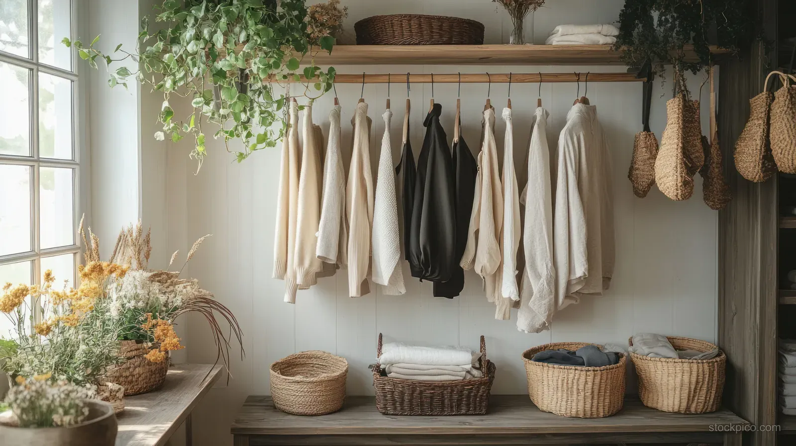 Neutral and dark shirts hang from a minimalist rack beside woven baskets, dried flowers, and plants in soft daylight.