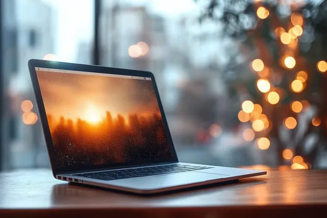 A modern laptop on a wooden table displays a raindrop-streaked screen with a warm bokeh sunset glow in the background.