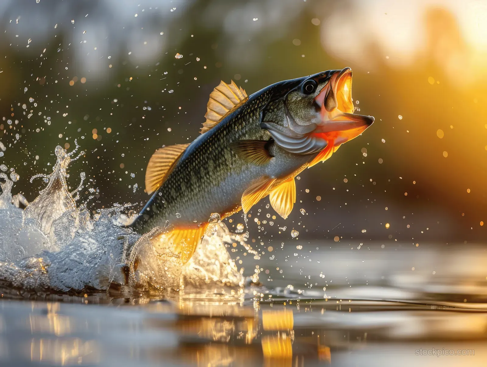 A largemouth bass leaps from a lake surface at sunset with water splashing in the air.